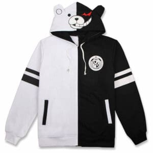 Unisex Danganronpa Monokuma Cosplay Hoodie With Ears Black White Bear Pullover Sweatshirt Outfit
