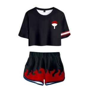 Women Naruto Crop Top Sets Uchiha Cosplay Short Sleeve T-shirt Shorts 2 Pieces Sets Casual Clothes